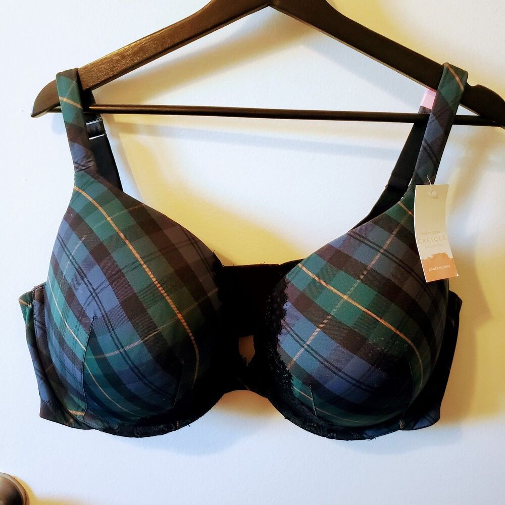 NWT Cacique Blue/Green/Black Plaid Boost Plunge Bra 46DD